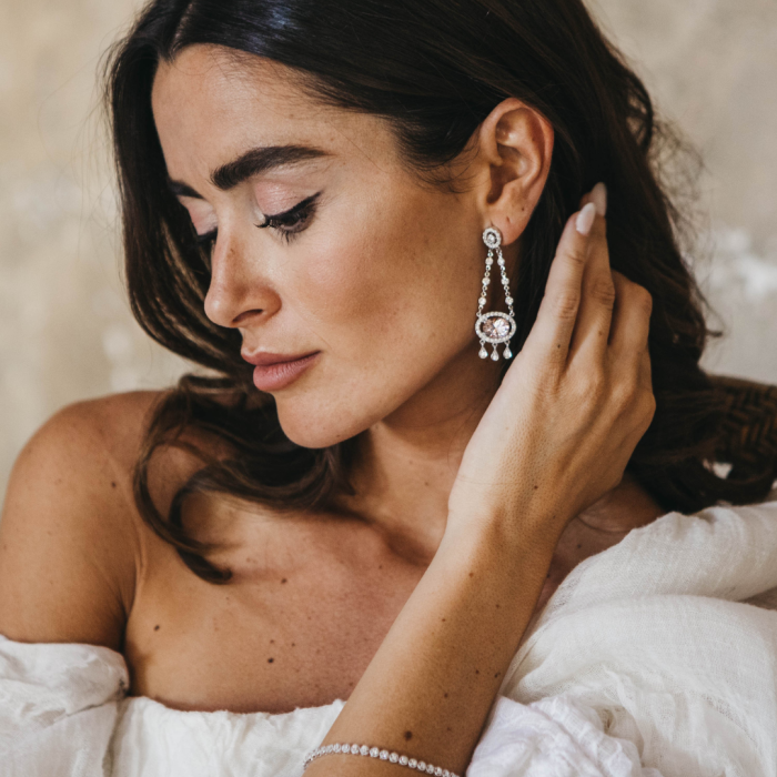 Pendientes de novia CHANDELIER rosa en plata - Imagen 2