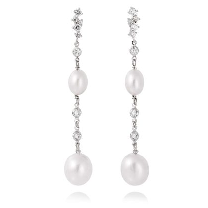 Pendientes largos de perlas novia en plata