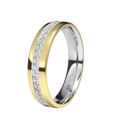 Alianza de boda oro blanco media vuelta de diamantes con surco central 4 50 mm . disponible en varias combinaciones de colores.