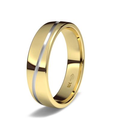Alianza de boda oro amarillo y blanco con 5 00 mm de ancho interior plano . disponible en 9 y 18 kts.