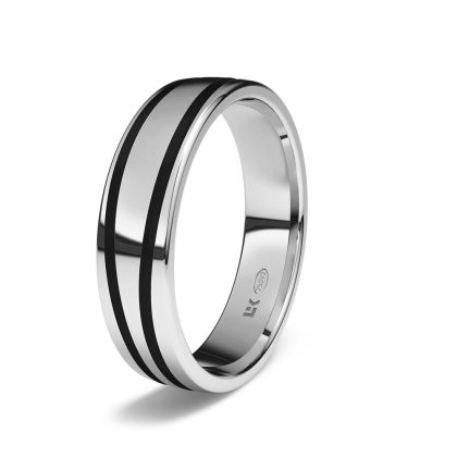 Alianza de boda oro blanco con lineas rodio negro 5 00 mm de ancho interior plano . disponible en 9 y 18 kts.