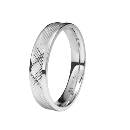 Alianza de boda Oro blanco de  4 mm de ancho, forma plana interior confort decoración mimbre. Disponible en varios colores.