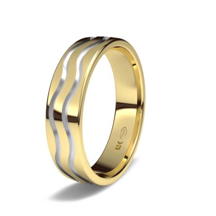 Alianza de boda oro amarillo y blanco con 5 00 mm de ancho interior plano decoración mahón . disponible en 9 y 18 kts.