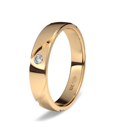 Alianza de boda de oro de 18kts con 4,00 mm de ancho interior confort con diamante central talla brillante 0,04 ct. Decoración Altea.