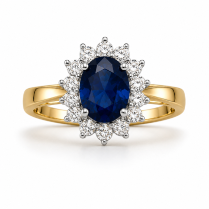 Anillo de Compromiso de Zafiro Oval con Halo de Diamantes en Oro Amarillo 18K y Oro Blanco